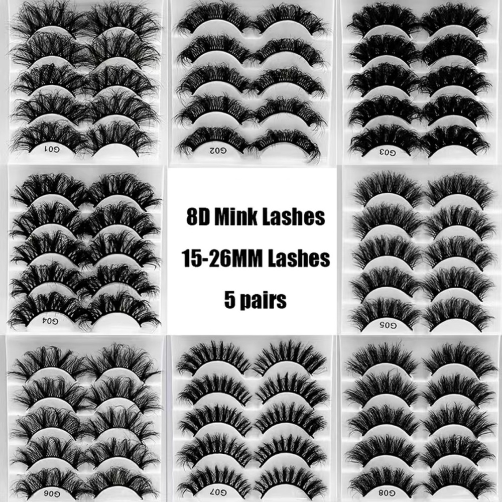5 pair 8D fluffy dramatic mink eyelashes, all natural hypoallergenic